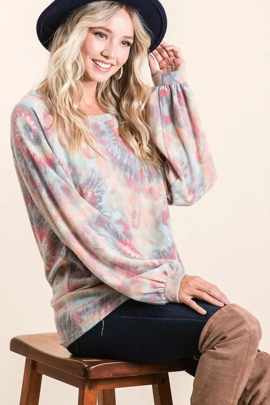 Get trendy with Tie Dye Top with Puff Sleeves - Top available at Styles Code. Grab yours today!