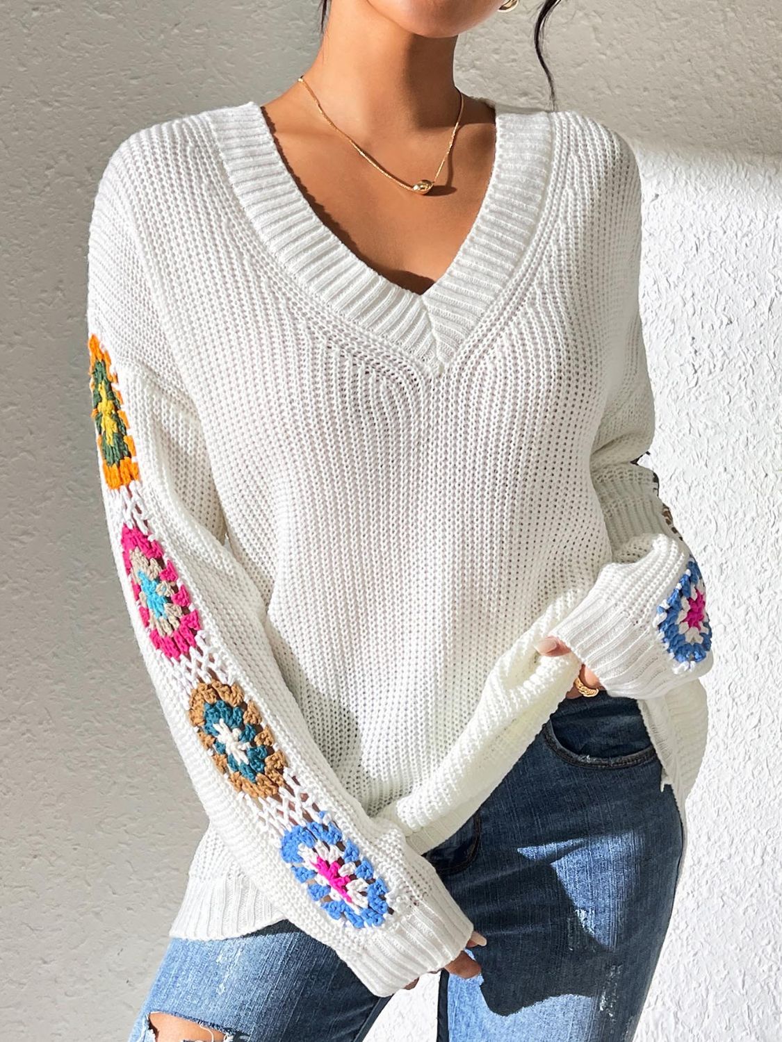 Get trendy with Crochet Flower V-Neck Sweater -  available at Styles Code. Grab yours today!