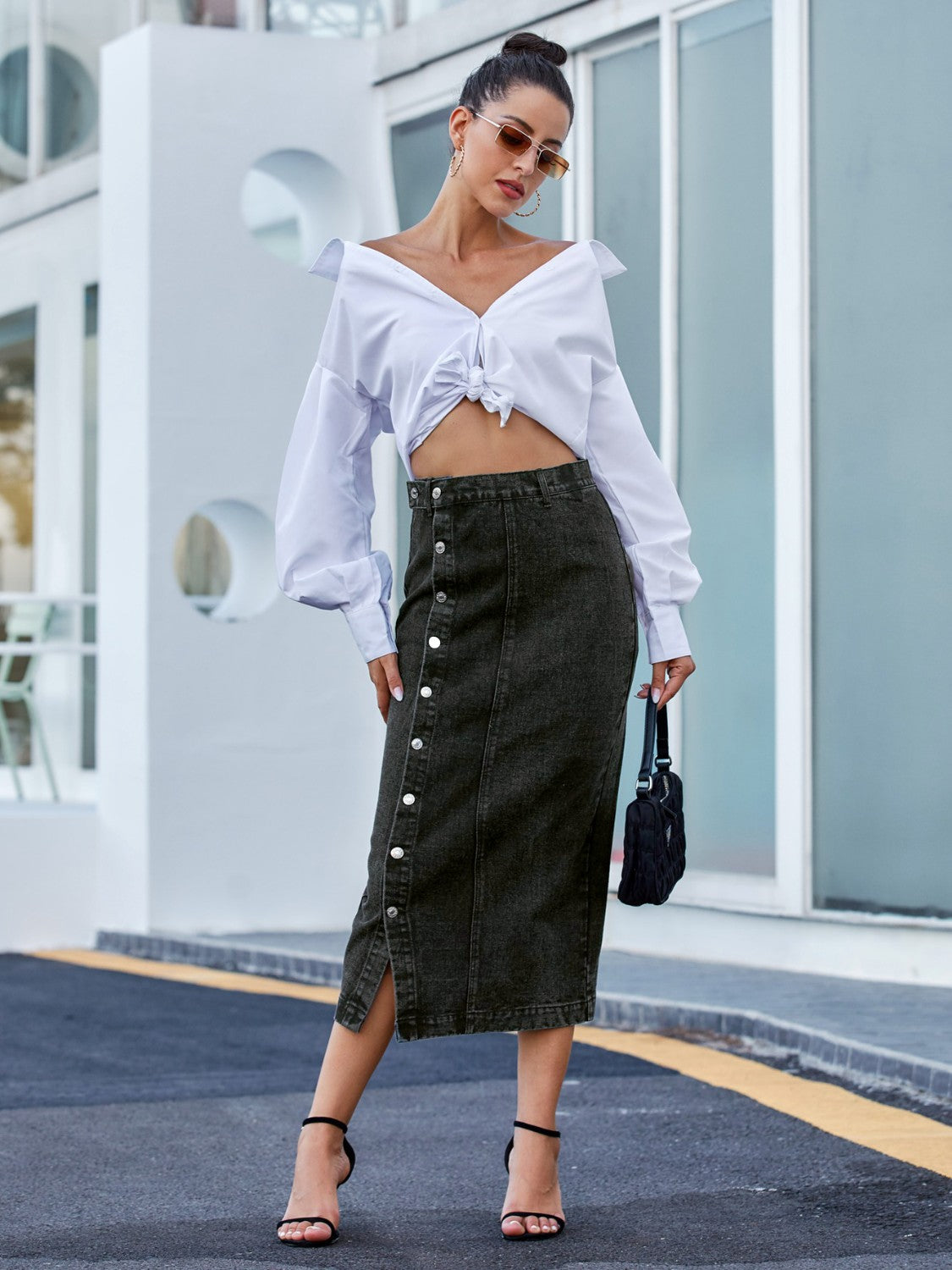 Get trendy with Button Down Denim Skirt - Skirts available at Styles Code. Grab yours today!