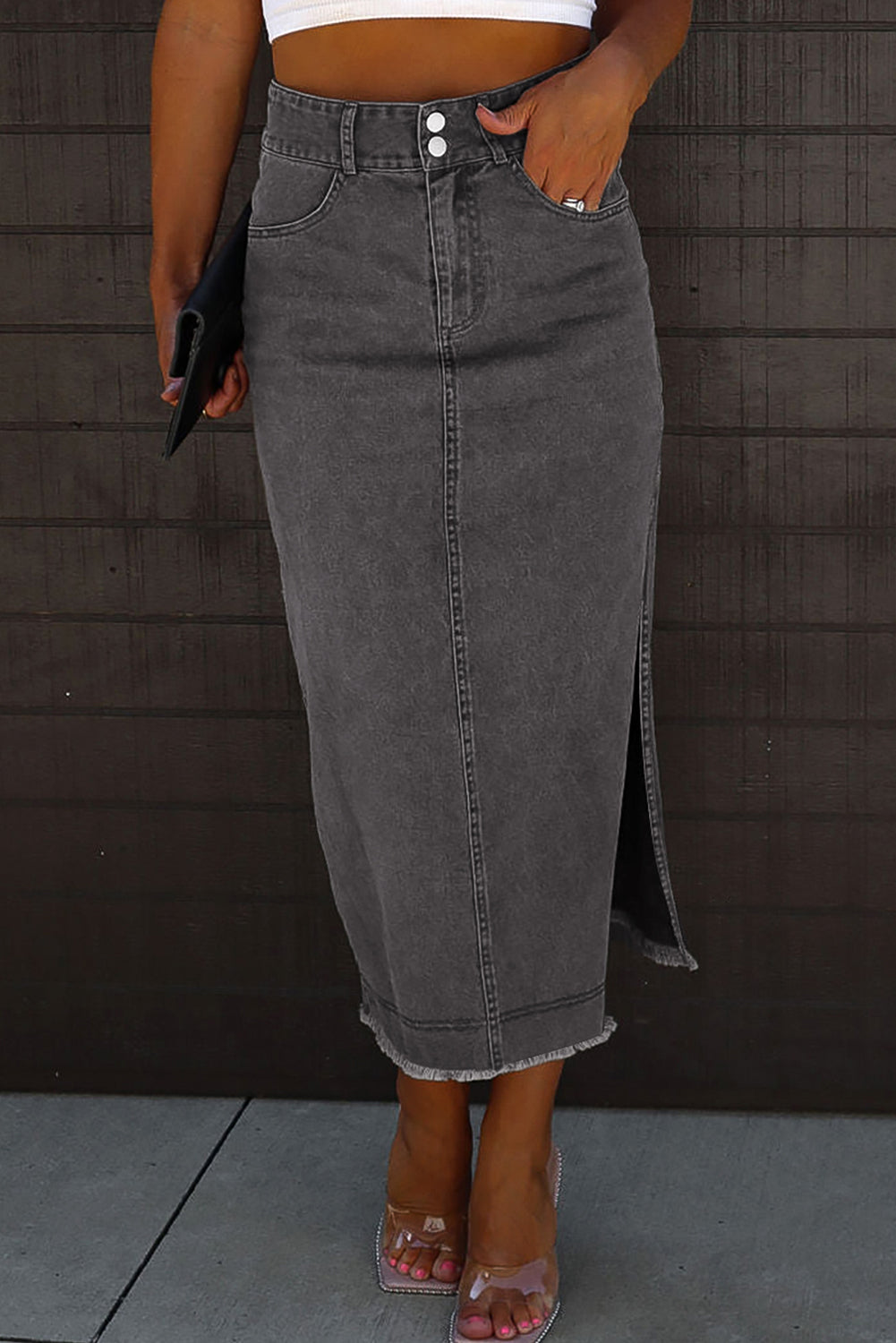 Get trendy with Raw Hem Slit Pocketed Midi Denim Skirt - Skirts available at Styles Code. Grab yours today!