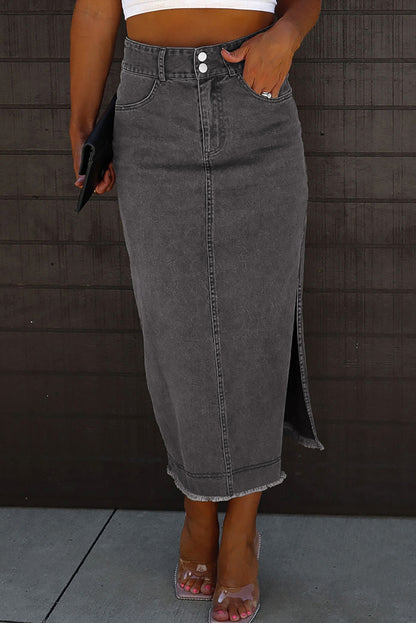 Get trendy with Raw Hem Slit Pocketed Midi Denim Skirt - Skirts available at Styles Code. Grab yours today!