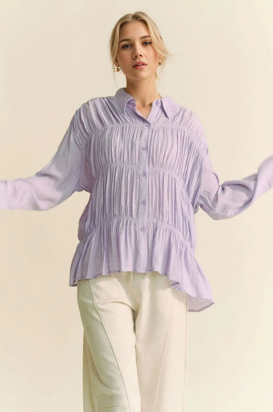Get trendy with Ruched Button Front Shirt - Top available at Styles Code. Grab yours today!