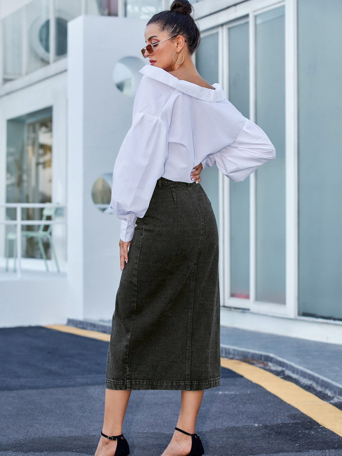 Get trendy with Button Down Denim Skirt - Skirts available at Styles Code. Grab yours today!