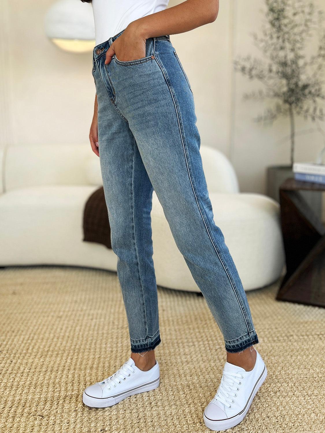 Get trendy with Full Size Mid Rise Hem Jeans - Plus Size available at Styles Code. Grab yours today!