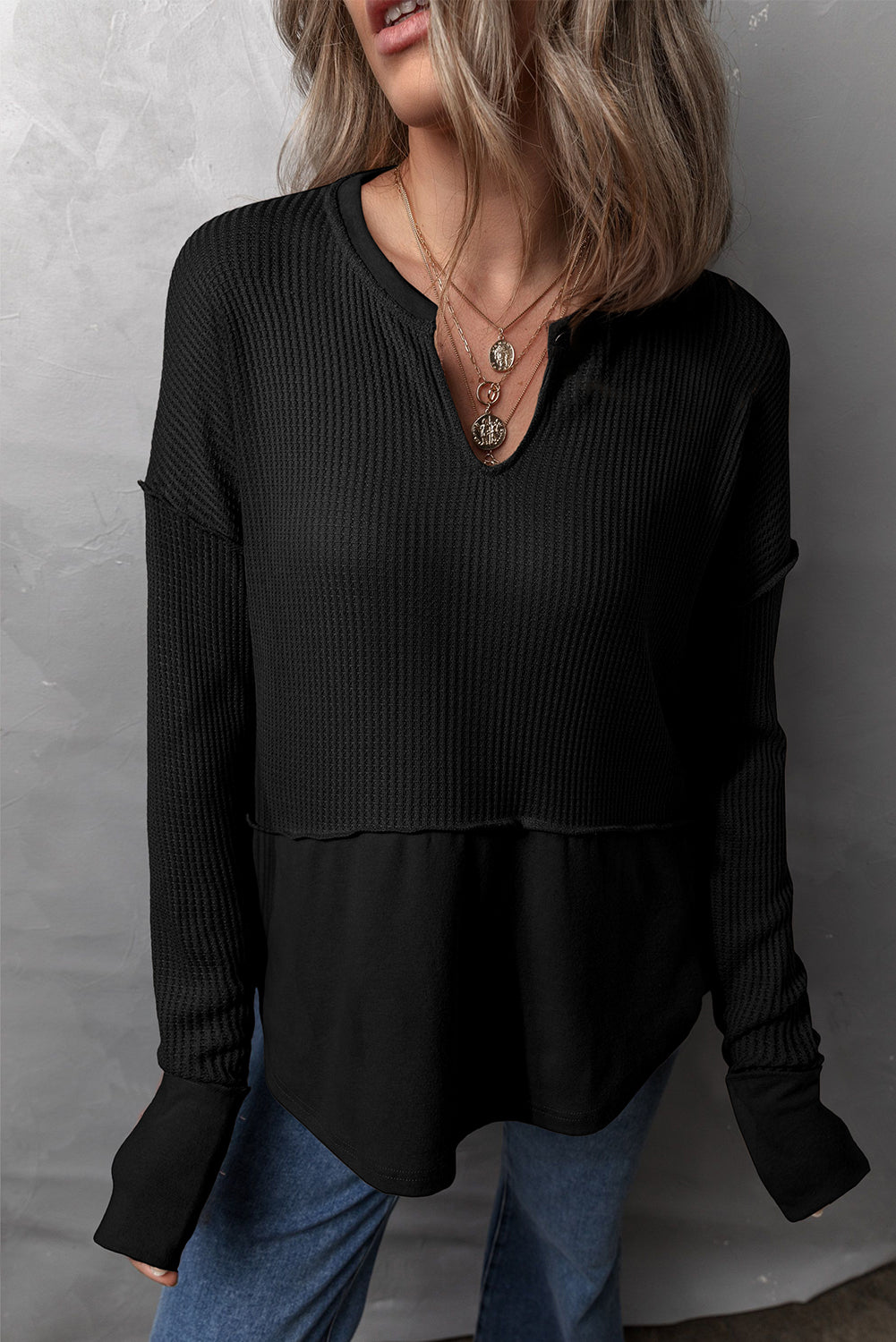 Get trendy with Waffle-Knit Exposed Seam Notched Long Sleeve Top -  available at Styles Code. Grab yours today!