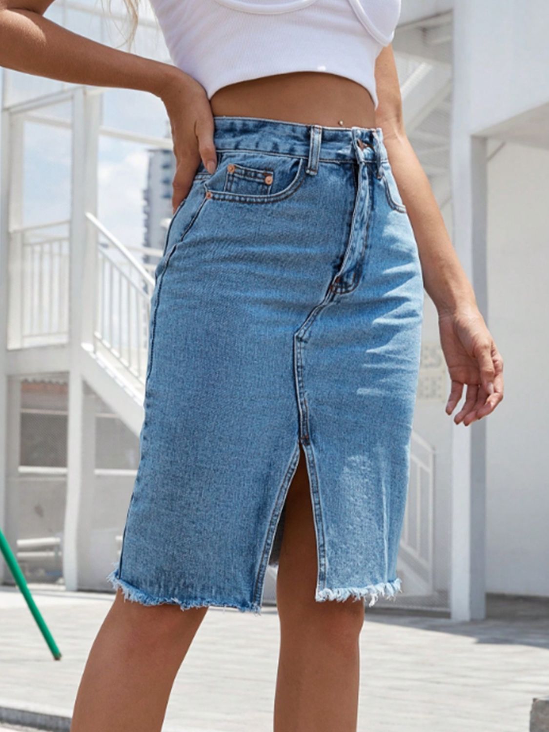 Get trendy with Raw Hem Slit Denim Skirt - Denim Dress available at Styles Code. Grab yours today!