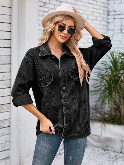 Get trendy with Button Up Long Sleeve Denim Jacket - Denim Jacket available at Styles Code. Grab yours today!