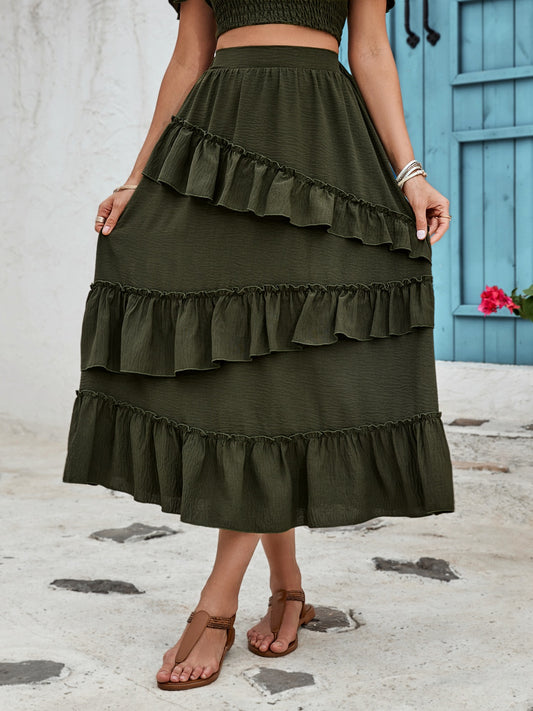 Get trendy with Honey Ruffled Elastic Waist Midi Skirt - Skirts available at Styles Code. Grab yours today!