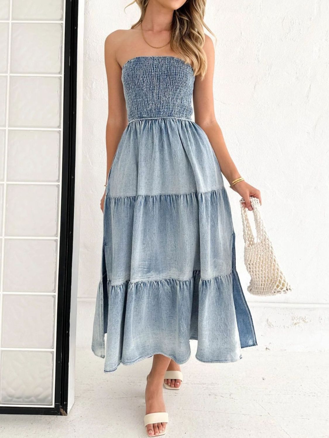 Get trendy with Slit Smocked Tube Tiered Denim Dress - Denim Dress available at Styles Code. Grab yours today!