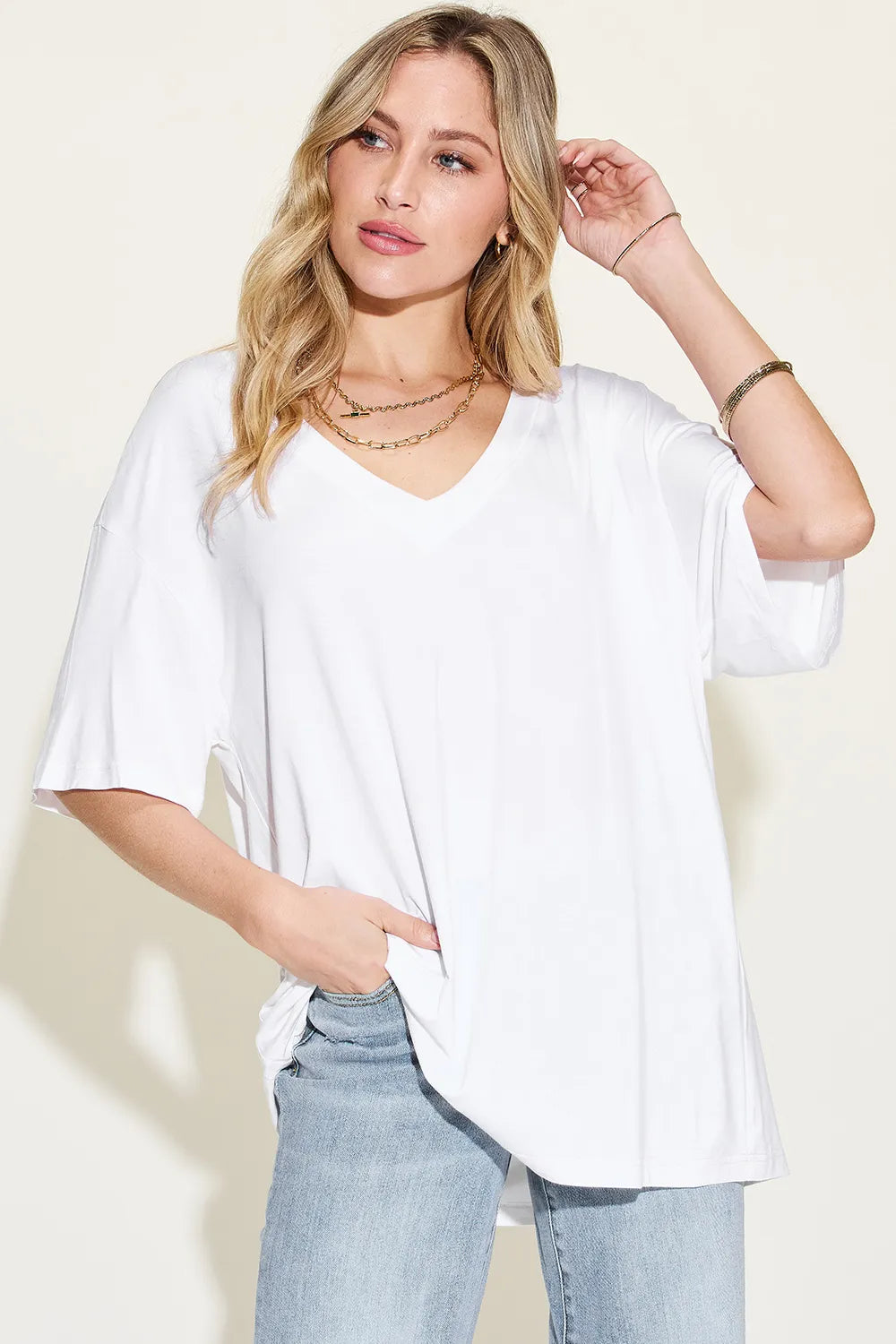 Get trendy with V-Neck Drop Shoulder T-Shirt - T-Shirt available at Styles Code. Grab yours today!