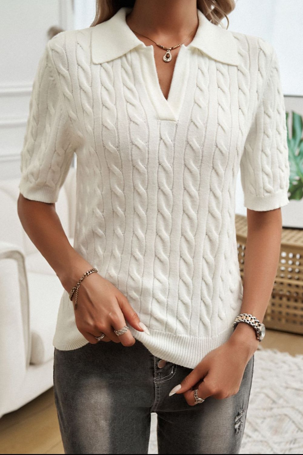 Get trendy with Devine Cable-Knit Short Sleeve Sweater -  available at Styles Code. Grab yours today!