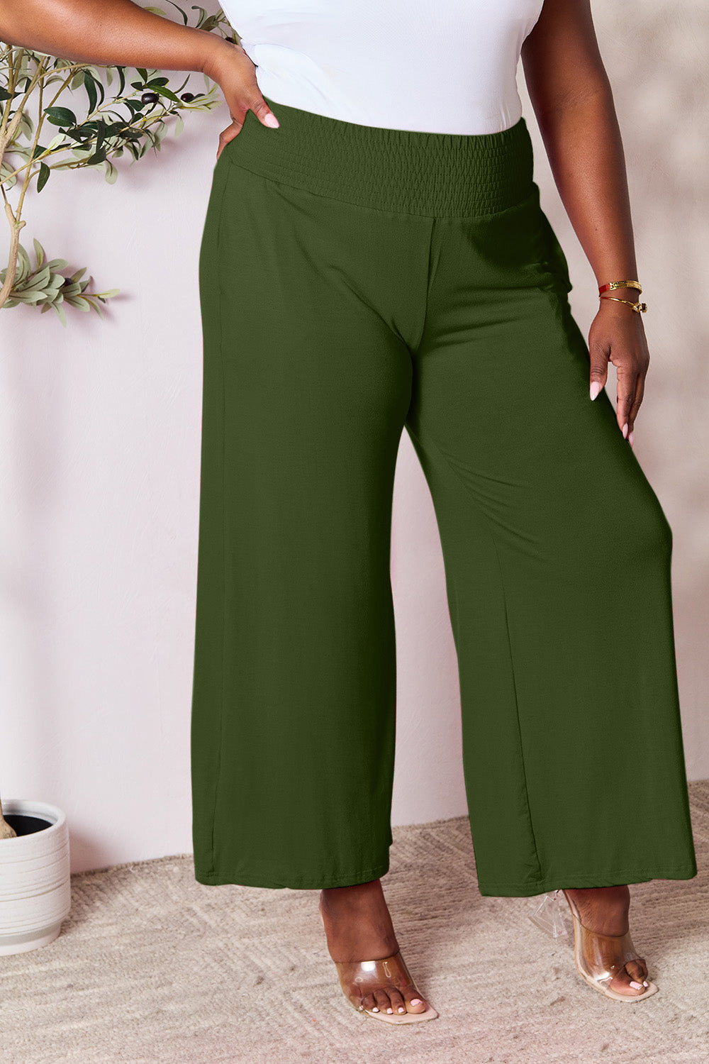 Get trendy with Full Size Smocked Wide Waistband Pants - Pants available at Styles Code. Grab yours today!