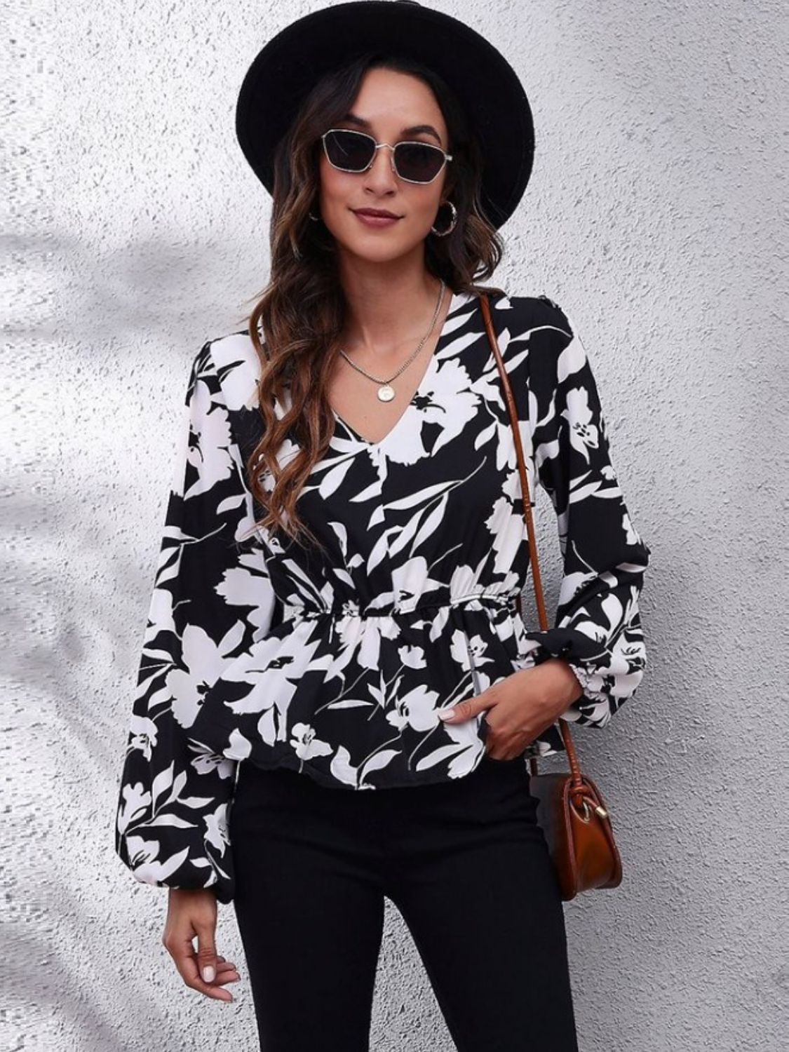 Get trendy with Printed V-Neck Long Sleeve Blouse - Blouse available at Styles Code. Grab yours today!