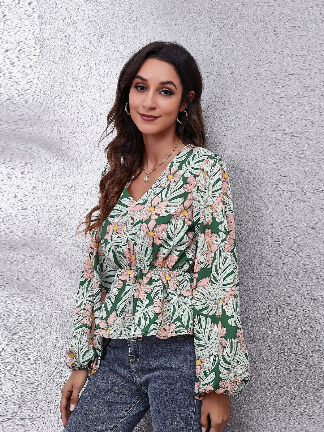 Get trendy with Ruched Printed V-Neck Long Sleeve Blouse - Blouse available at Styles Code. Grab yours today!