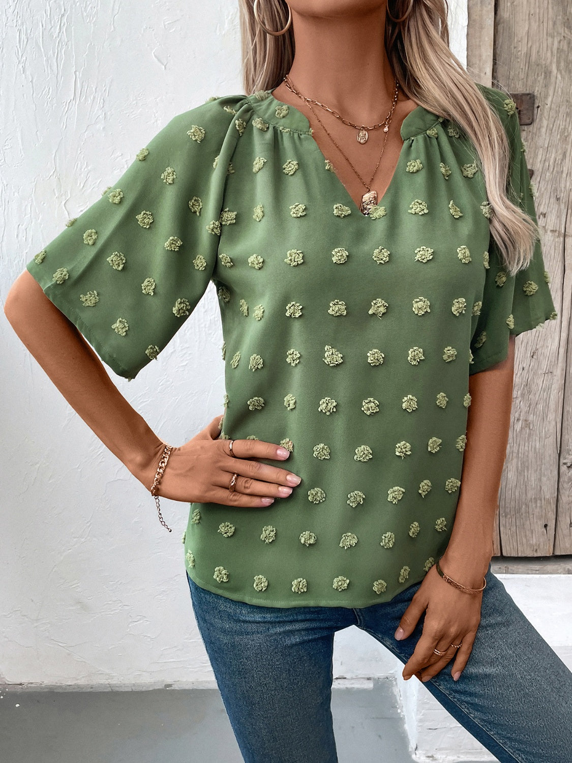 Get trendy with Swiss Dot Notched Half Sleeve Blouse - Blouse available at Styles Code. Grab yours today!