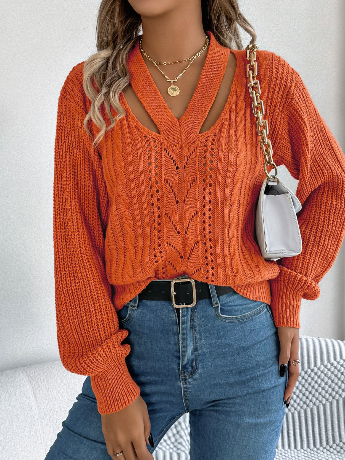 Get trendy with Cutout V-Neck Long Sleeve Sweater -  available at Styles Code. Grab yours today!