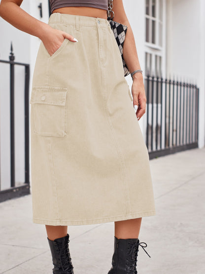 Get trendy with Slit Buttoned Denim Skirt with Pockets - Skirts available at Styles Code. Grab yours today!