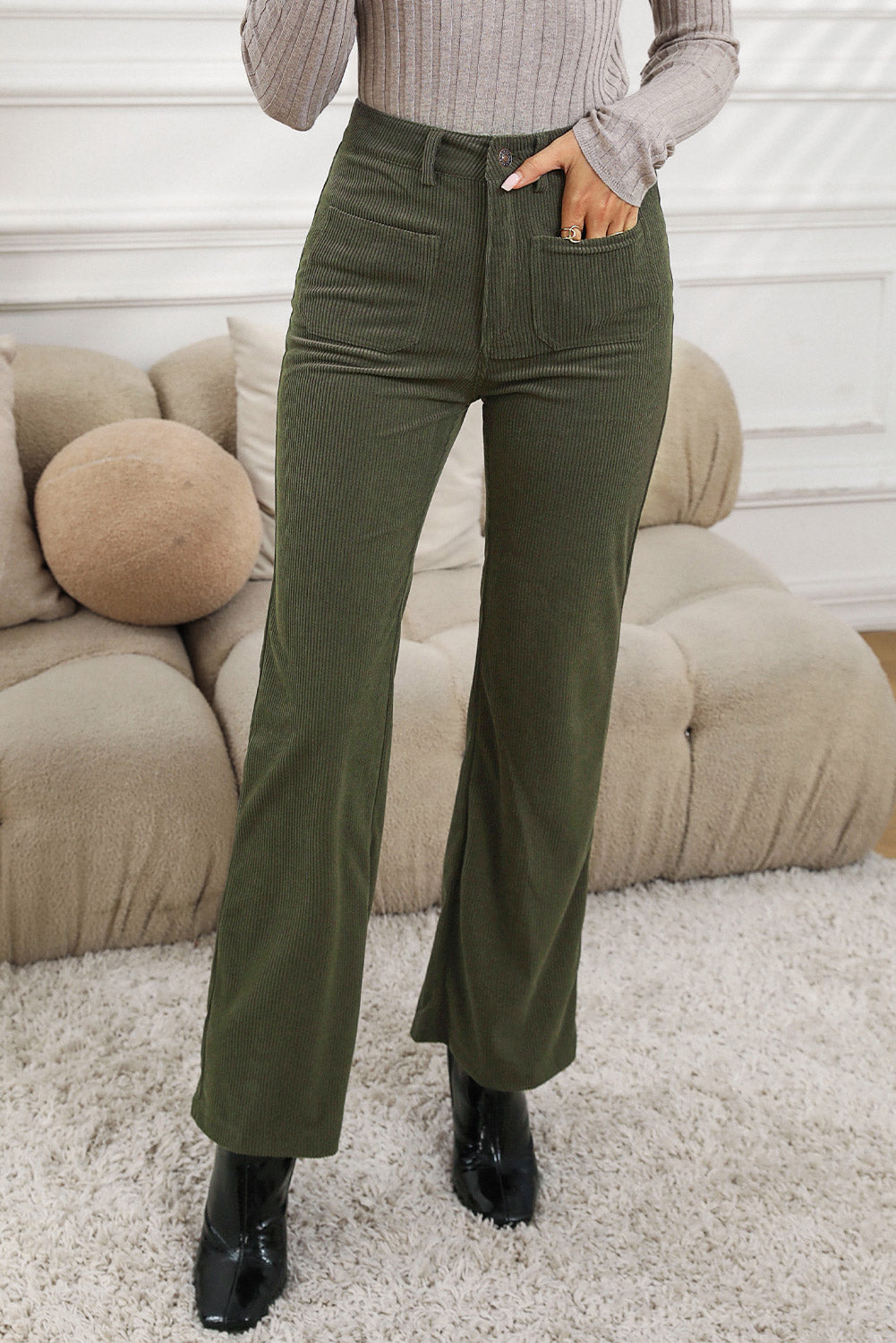 Get trendy with Pocketed High Waist Straight Leg Pants - Pants available at Styles Code. Grab yours today!