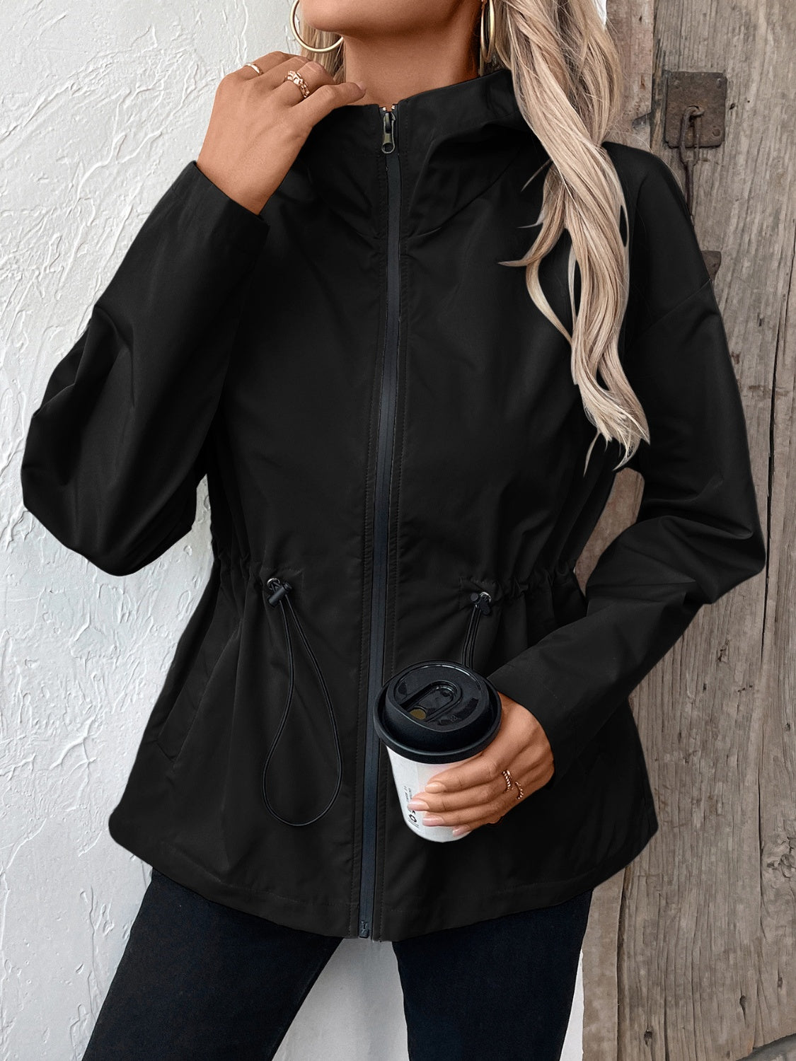 Get trendy with Drawstring Zip Up Hooded Jacket - Jacket available at Styles Code. Grab yours today!