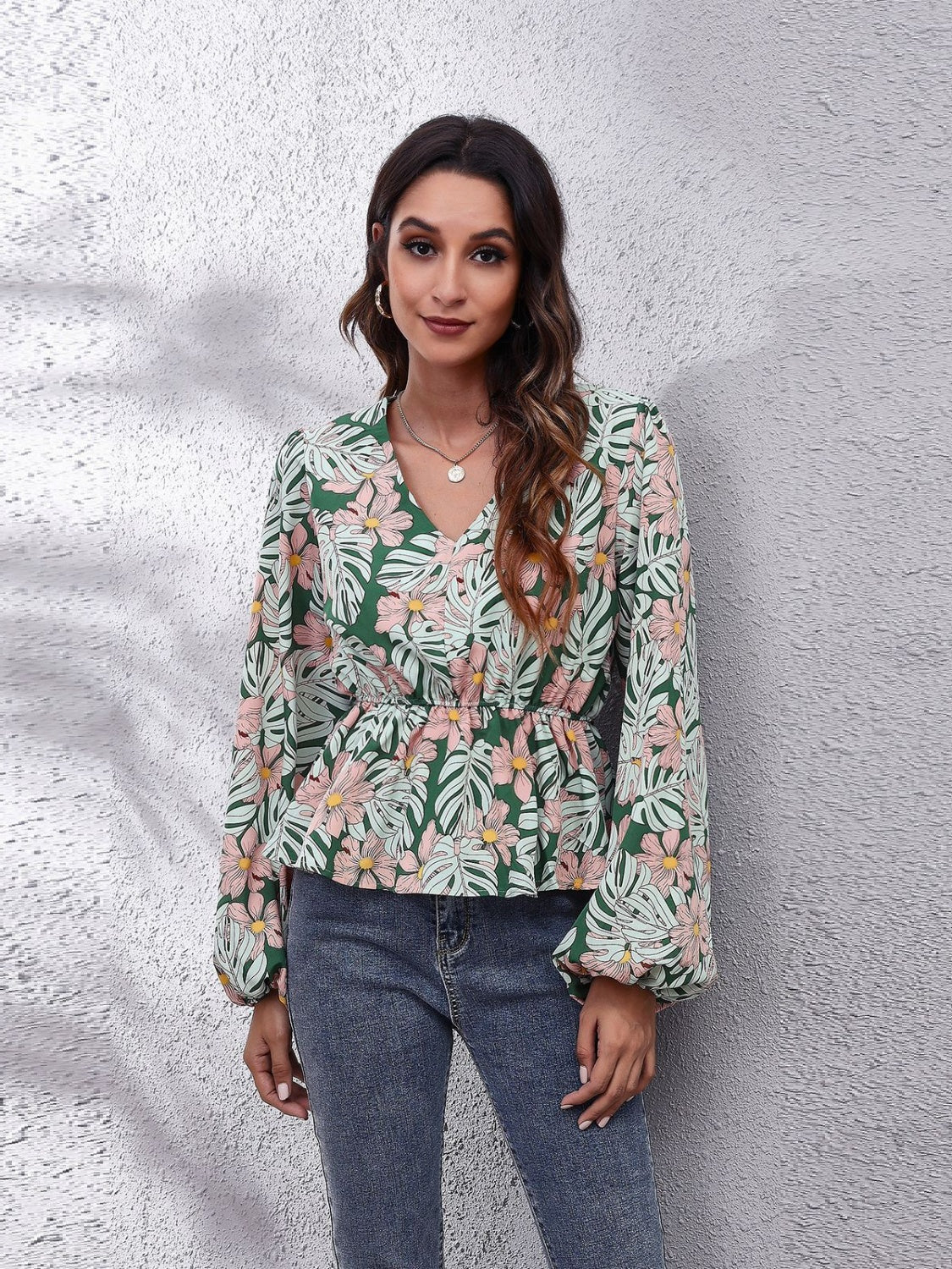 Get trendy with Ruched Printed V-Neck Long Sleeve Blouse - Blouse available at Styles Code. Grab yours today!