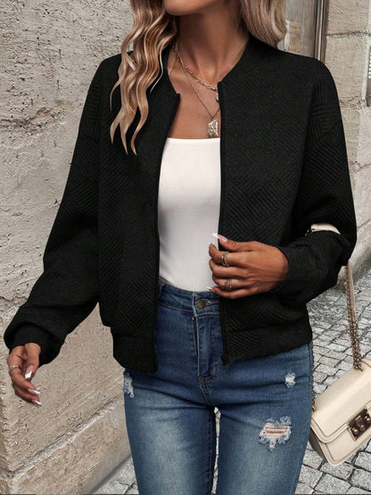 Get trendy with Textured Zip Up Long Sleeve Jacket - Jackets available at Styles Code. Grab yours today!