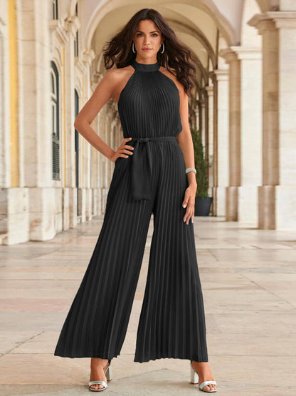 Get trendy with Cutout Tied Pleated Sleeveless Jumpsuit - Jumpsuit available at Styles Code. Grab yours today!