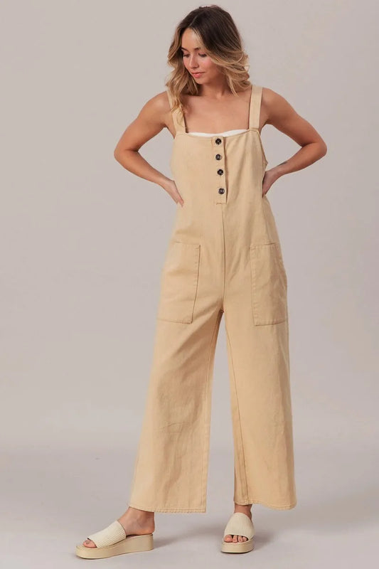 Get trendy with BiBi Washed Denim Buttoned Overall Jumpsuit - Jumpsuit available at Styles Code. Grab yours today!