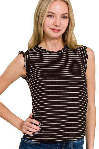 Get trendy with Ruffle Trim Sleeveless Stripe Top - Top available at Styles Code. Grab yours today!