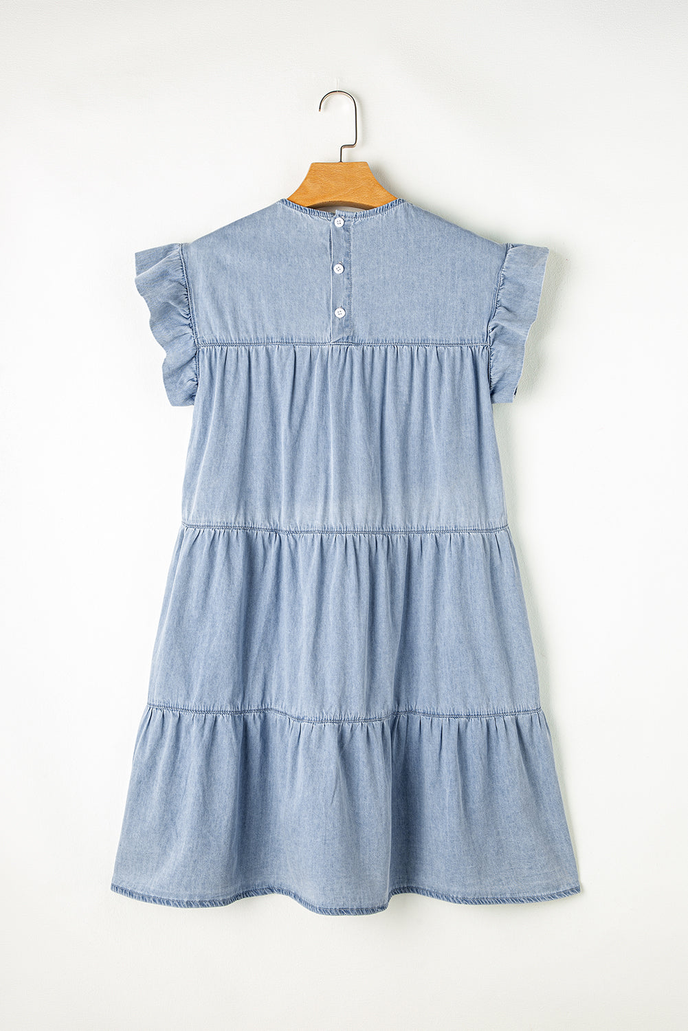 Get trendy with Ruffled Round Neck Cap Sleeve Denim Dress - Denim Dress available at Styles Code. Grab yours today!