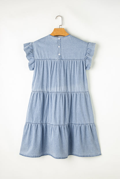 Get trendy with Ruffled Round Neck Cap Sleeve Denim Dress - Denim Dress available at Styles Code. Grab yours today!