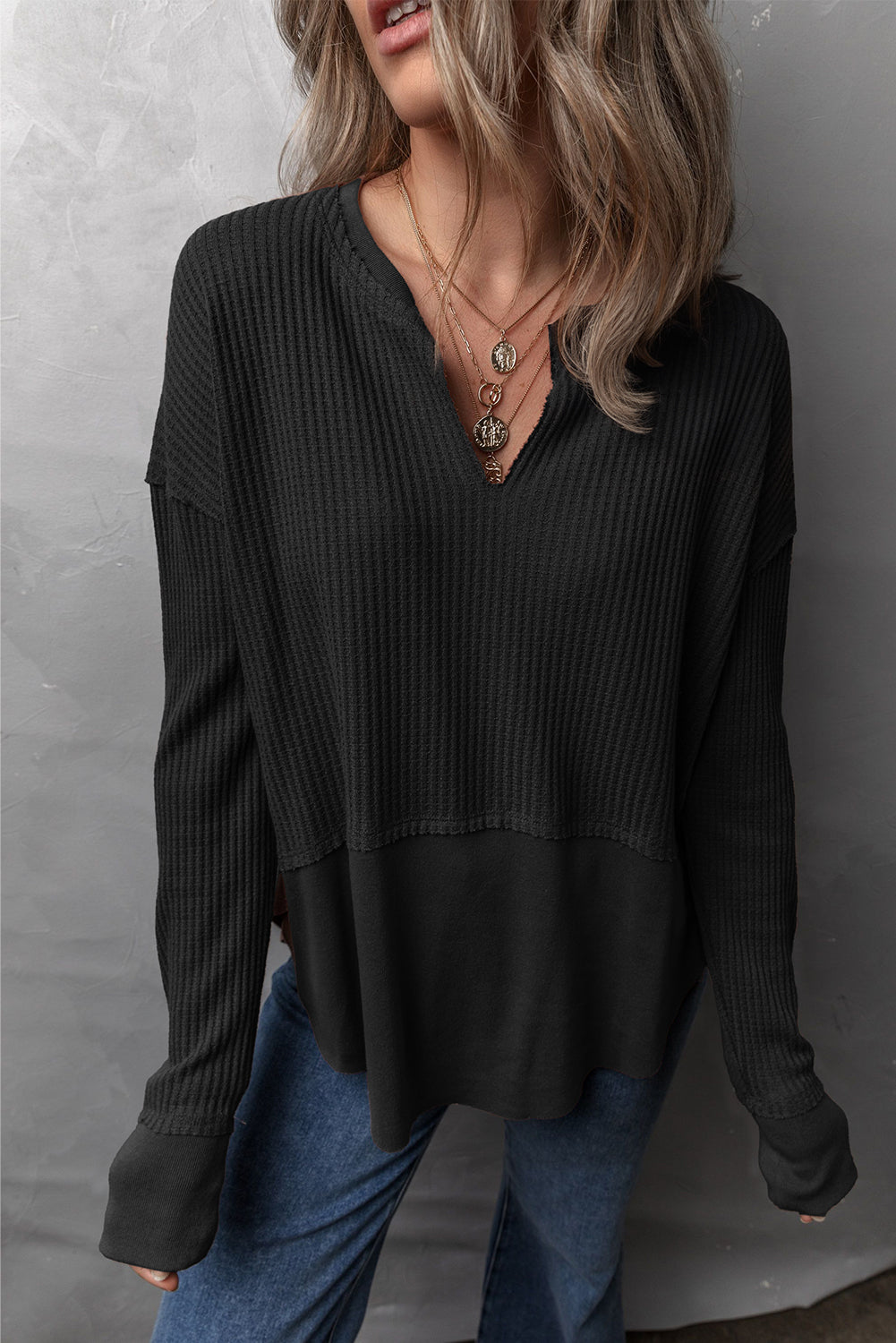 Get trendy with Waffle-Knit Exposed Seam Notched Long Sleeve Top -  available at Styles Code. Grab yours today!