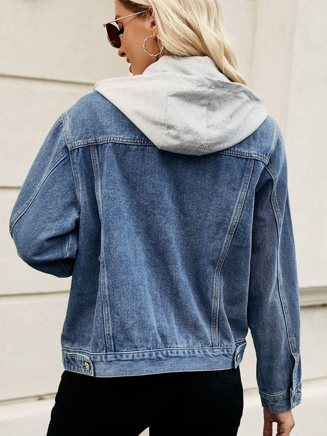 Get trendy with Drawstring Hooded Button Up Denim Jacket - Denim Jacket available at Styles Code. Grab yours today!