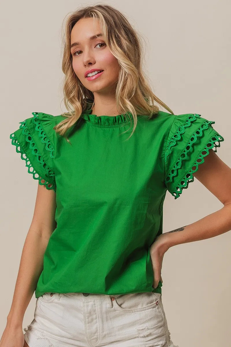 Get trendy with Woven Circle Trim Ruffle Top - Top available at Styles Code. Grab yours today!