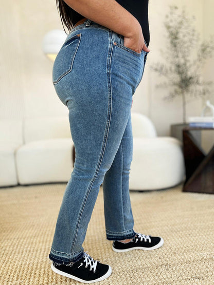 Get trendy with Full Size Mid Rise Hem Jeans - Plus Size available at Styles Code. Grab yours today!