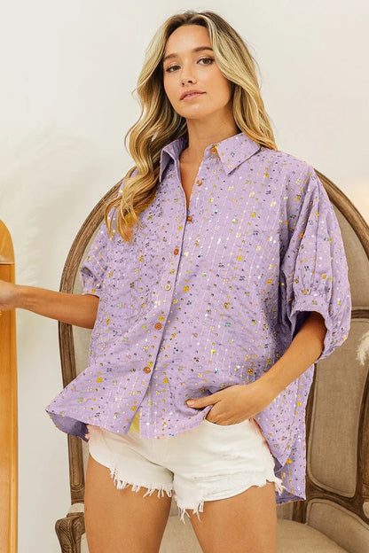 Get trendy with Sequin Dolman Sleeve Shirt - Shirt available at Styles Code. Grab yours today!