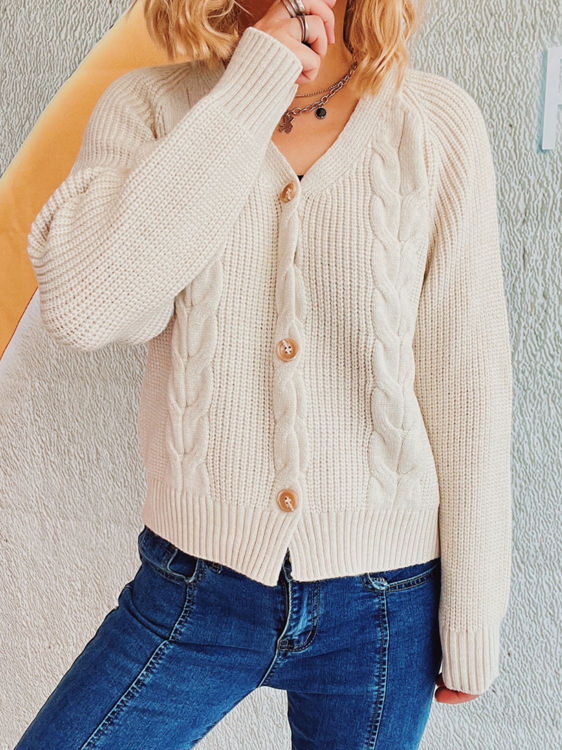 Get trendy with Cable-Knit V-Neck Cardigan - Cardigans available at Styles Code. Grab yours today!