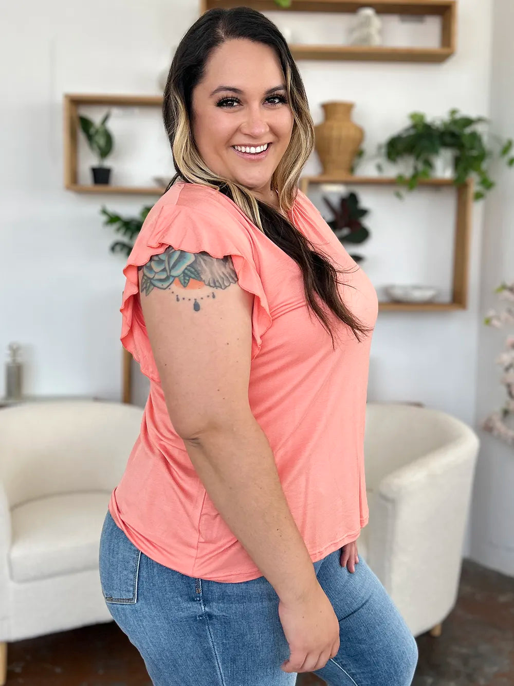 Get trendy with Full Size Ruffled Short Sleeve T-Shirt - T-Shirt available at Styles Code. Grab yours today!