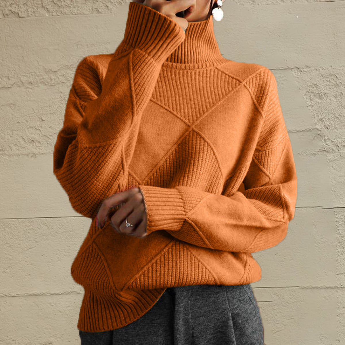 Get trendy with Geometric Turtleneck Long Sleeve Sweater - Sweaters available at Styles Code. Grab yours today!