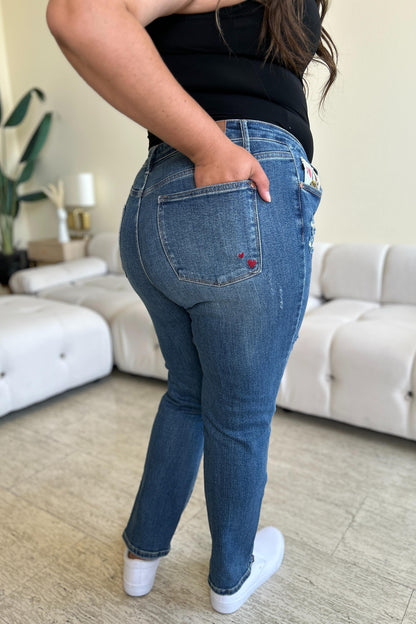 Get trendy with Judy Blue Full Size Queen Of Hearts Coin Pocket BF Jeans - Plus Size available at Styles Code. Grab yours today!