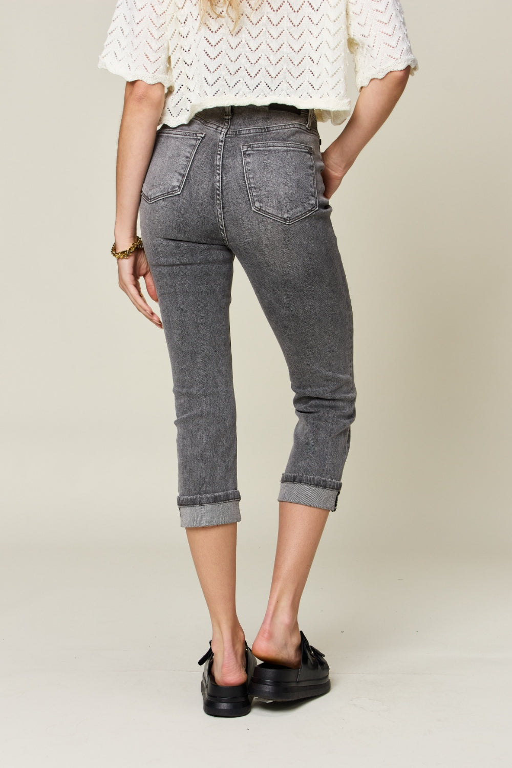 Get trendy with Judy Blue Full Size Button Fly High Waist Cuffed Capris - Jeans available at Styles Code. Grab yours today!