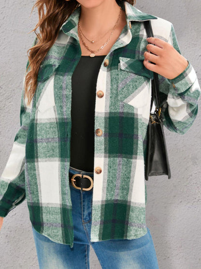 Get trendy with Full Size Pocketed Plaid Collared Neck Shacket -  available at Styles Code. Grab yours today!