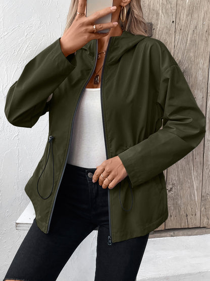 Get trendy with Drawstring Zip Up Hooded Jacket - Jacket available at Styles Code. Grab yours today!