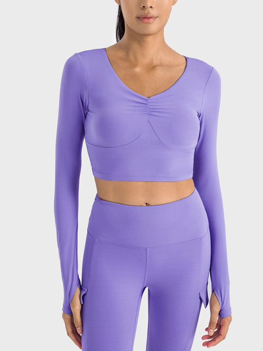 Get trendy with Ruched Cropped Long Sleeve Sports Top - Activewear available at Styles Code. Grab yours today!