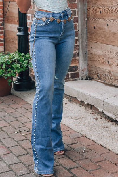 Get trendy with Pearl Trim Bootcut Jeans - Jeans available at Styles Code. Grab yours today!