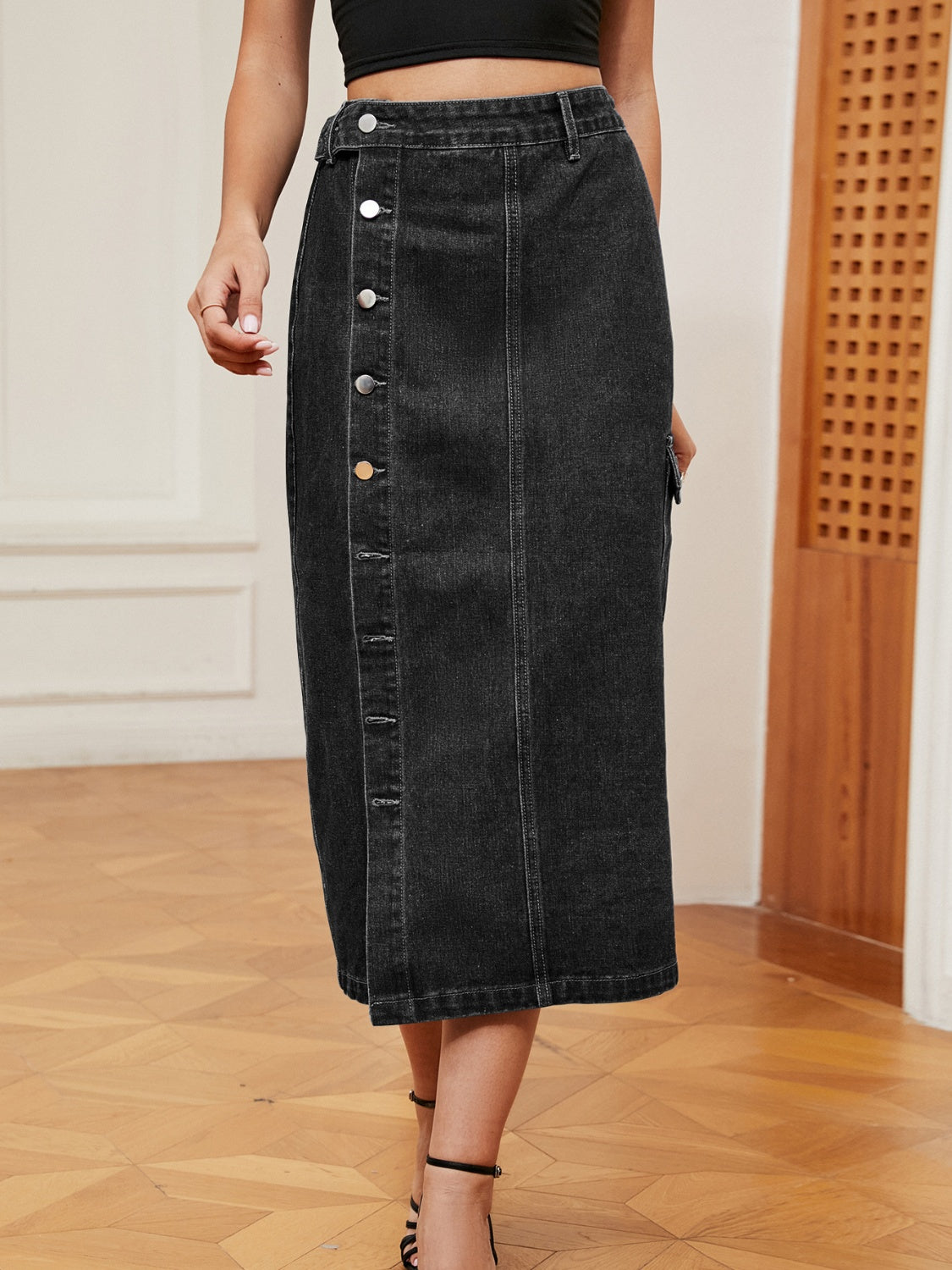 Get trendy with Button Down Midi Denim Skirt - Skirts available at Styles Code. Grab yours today!