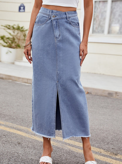 Get trendy with Slit Asymmetrical Waist Denim Skirt - Skirts available at Styles Code. Grab yours today!