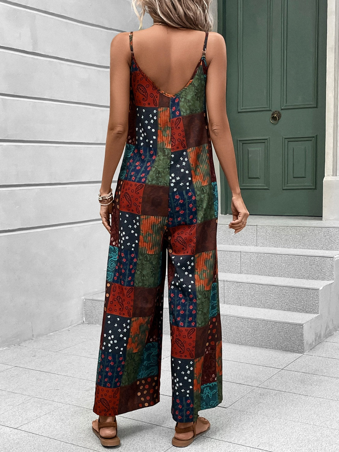 Get trendy with Printed Scoop Neck Spaghetti Strap Jumpsuit - Jumpsuit available at Styles Code. Grab yours today!