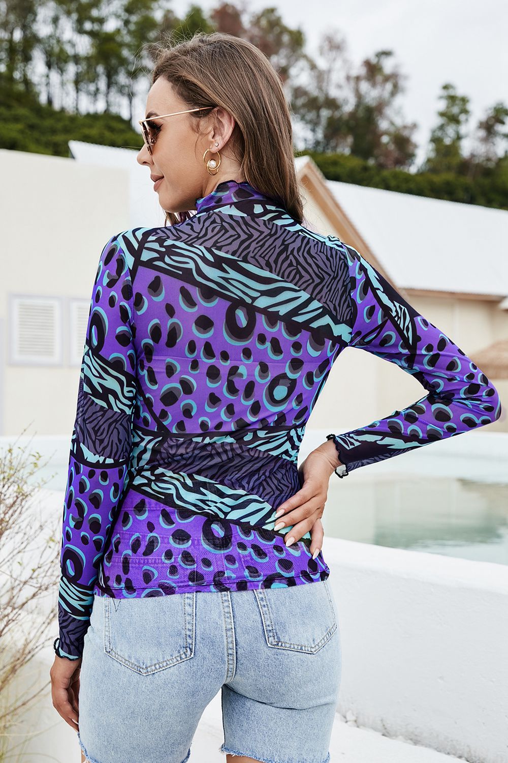 Get trendy with Printed Mock Neck Long Sleeve Blouse - Blouse available at Styles Code. Grab yours today!