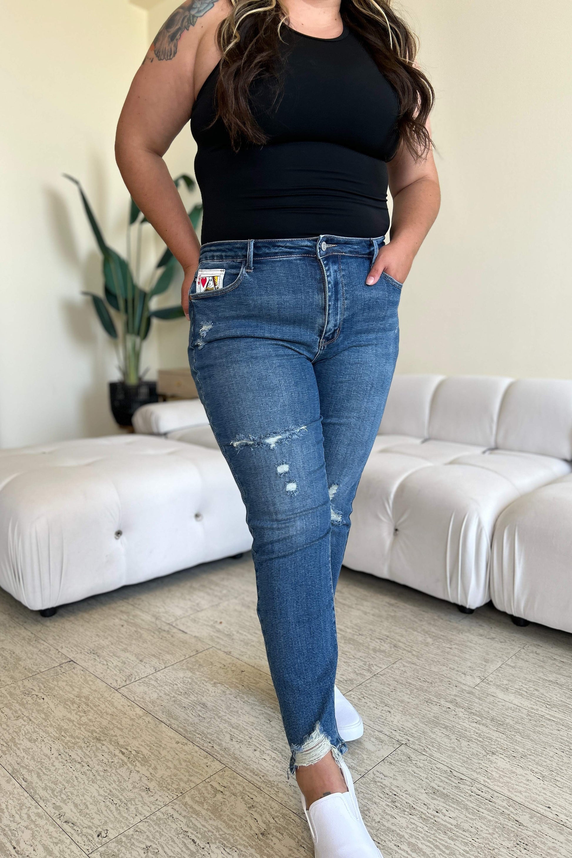 Get trendy with Judy Blue Full Size Queen Of Hearts Coin Pocket BF Jeans - Plus Size available at Styles Code. Grab yours today!