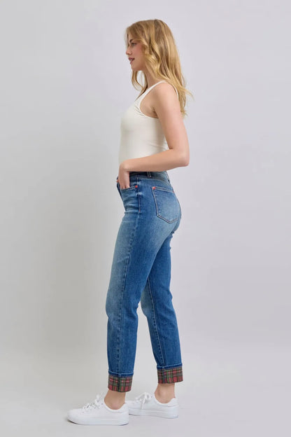 Get trendy with Plaid Print Cuff Straight Leg Jeans - Jeans available at Styles Code. Grab yours today!